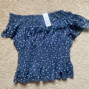 Mi Ami Blue and White Polka Dot Smocked Off-Shoulder Top